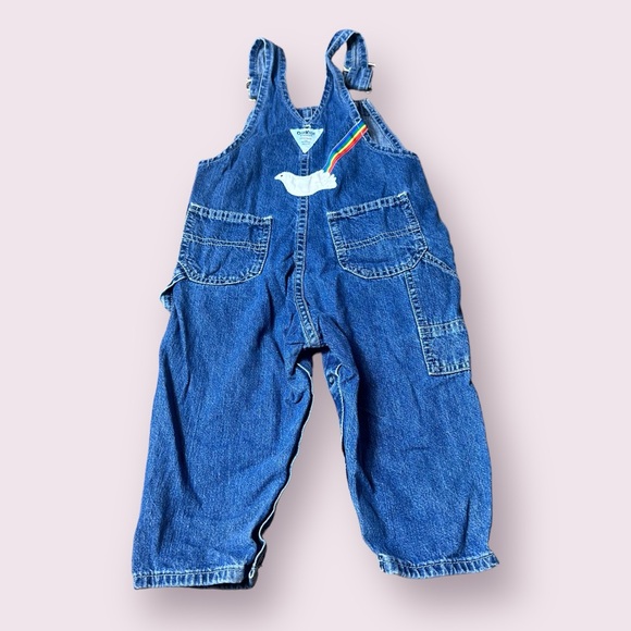 Baby Vintage OshKosh B’Gosh Denim Overalls W/ Hand Embroidered Animals & Rainbow - Picture 6 of 9